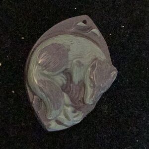 2” Fox Wolf Carved Polished Stone Green Leaf Oval Pendant Cameo